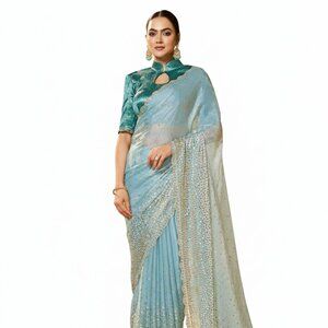 Elegant Satin Silk and Jacquard Designer Blue Saree with Swarovski Detailing